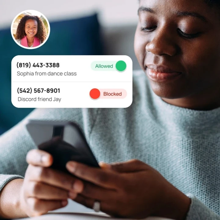 User engaged with a smartphone displaying contact settings for allowed and blocked numbers.