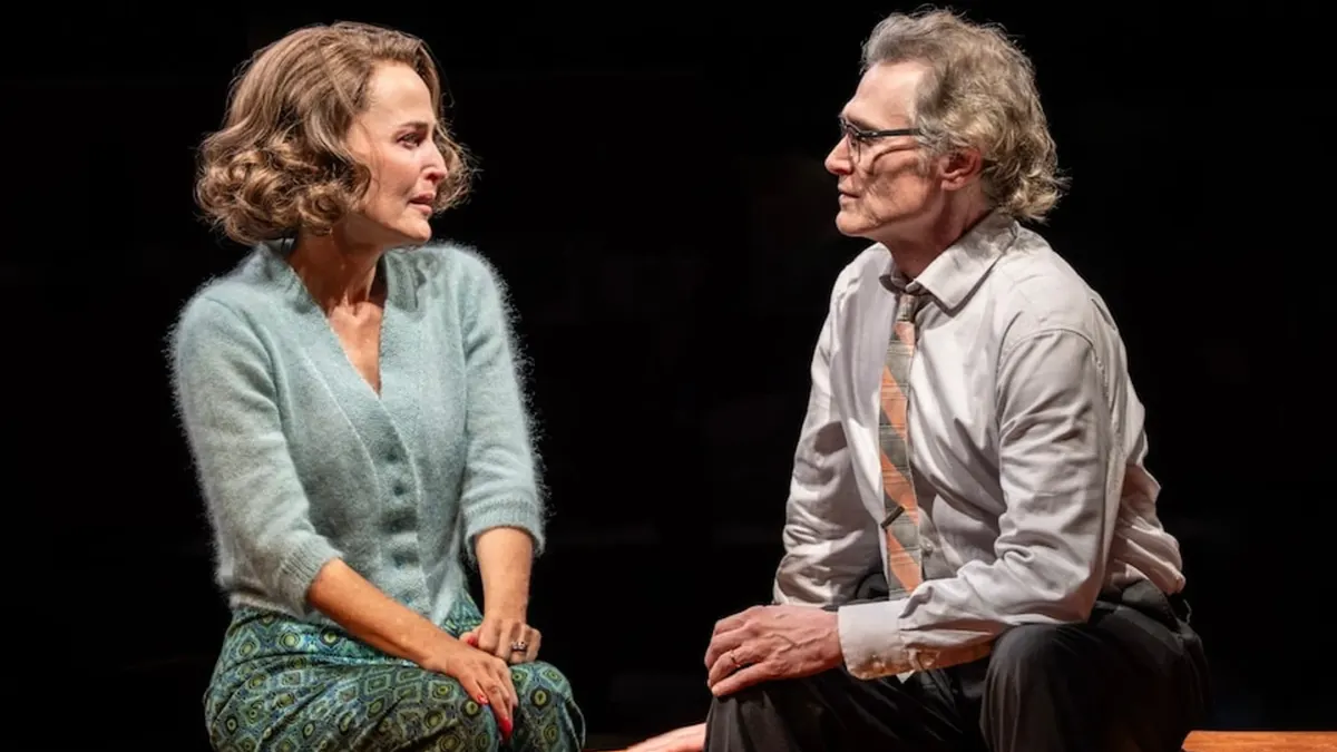 Gillian Anderson and Billy Crudup performing a heartfelt scene in Who's Afraid of Virginia Woolf on stage.