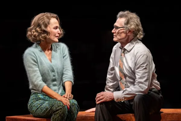 Gillian Anderson and Billy Crudup performing a heartfelt scene in Who's Afraid of Virginia Woolf on stage.