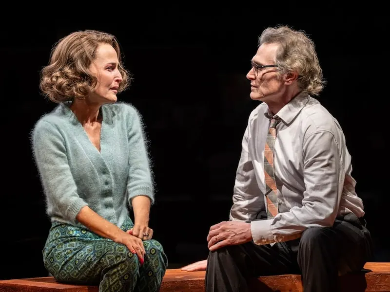 Gillian Anderson and Billy Crudup performing a heartfelt scene in Who's Afraid of Virginia Woolf on stage.