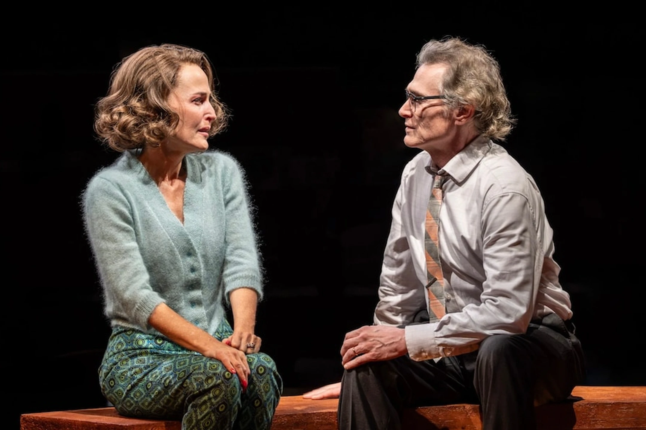 Gillian Anderson and Billy Crudup performing a heartfelt scene in Who's Afraid of Virginia Woolf on stage.