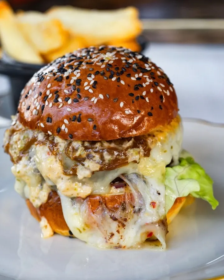 A gourmet burger with melted cheese, layered toppings, and sesame seed bun, served alongside crispy fries.
