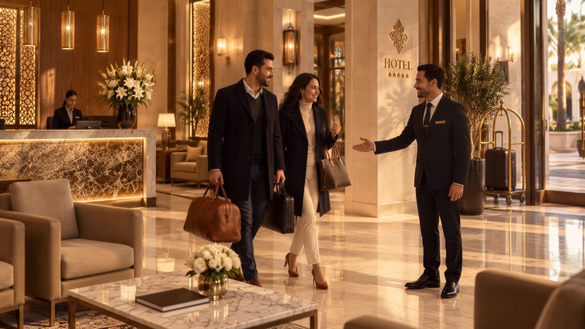 A couple arrives at a luxurious hotel lobby, greeted by a staff member, with elegant decor and warm lighting.