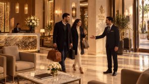 A couple arrives at a luxurious hotel lobby, greeted by a staff member, with elegant decor and warm lighting.