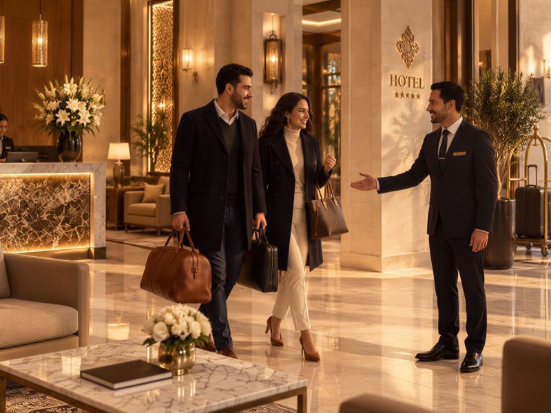 A couple arrives at a luxurious hotel lobby, greeted by a staff member, with elegant decor and warm lighting.