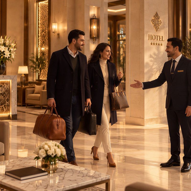 A couple arrives at a luxurious hotel lobby, greeted by a staff member, with elegant decor and warm lighting.