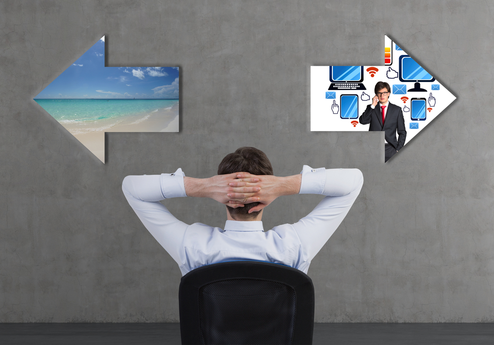 A businessman contemplates two choices: a serene beach and a tech-focused office environment.