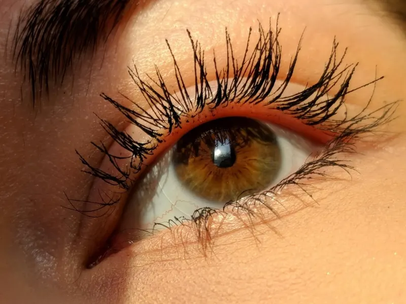 Close-up of an eye showcasing long eyelashes and a warm brown iris illuminated by natural light.