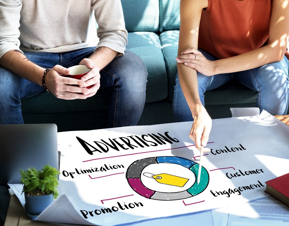 Two people discussing advertising strategies with a focus on optimization, promotion, content, and customer engagement.