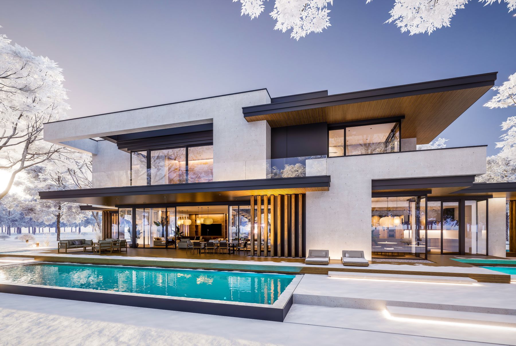 Modern luxury home featuring sleek architecture, a pool, and large glass windows, surrounded by a winter landscape.
