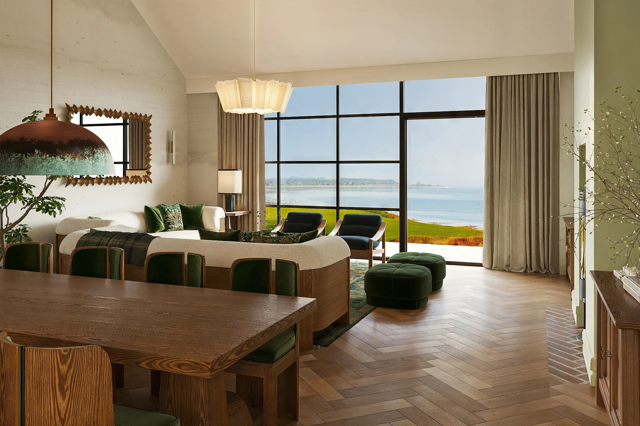 Modern great room with a view of the ocean, featuring a wooden dining table, cozy seating, and stylish decor.