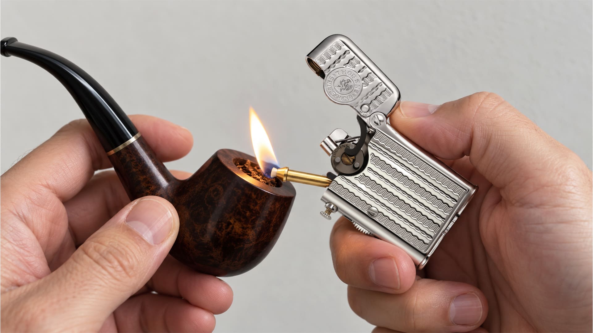A hand holding a silver lighter igniting a tobacco pipe, illustrating how to choose a lighter for cigars and pipes.
