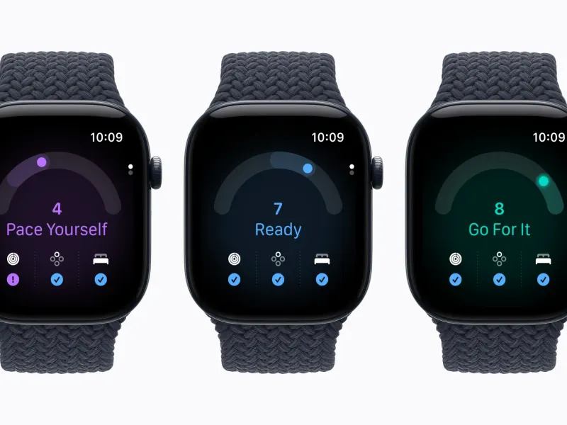 Apple Watch Series 12 displaying readiness levels with metrics: "Pace Yourself," "Ready," and "Go For It."