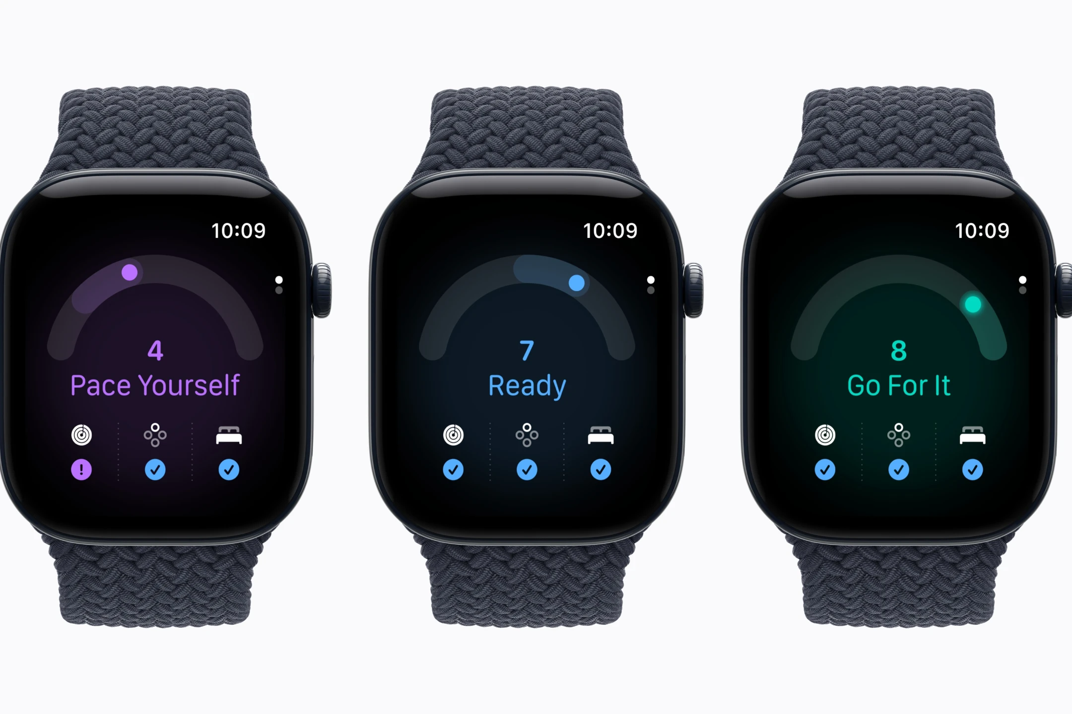 Apple Watch Series 12 displaying readiness levels with metrics: "Pace Yourself," "Ready," and "Go For It."