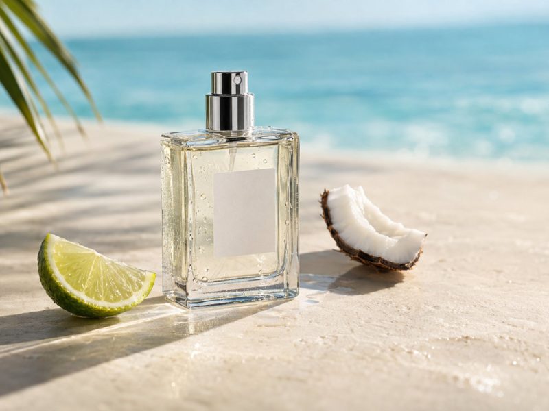 Fragrance bottle beside a slice of lime and coconut on a sunlit surface with ocean in the background.