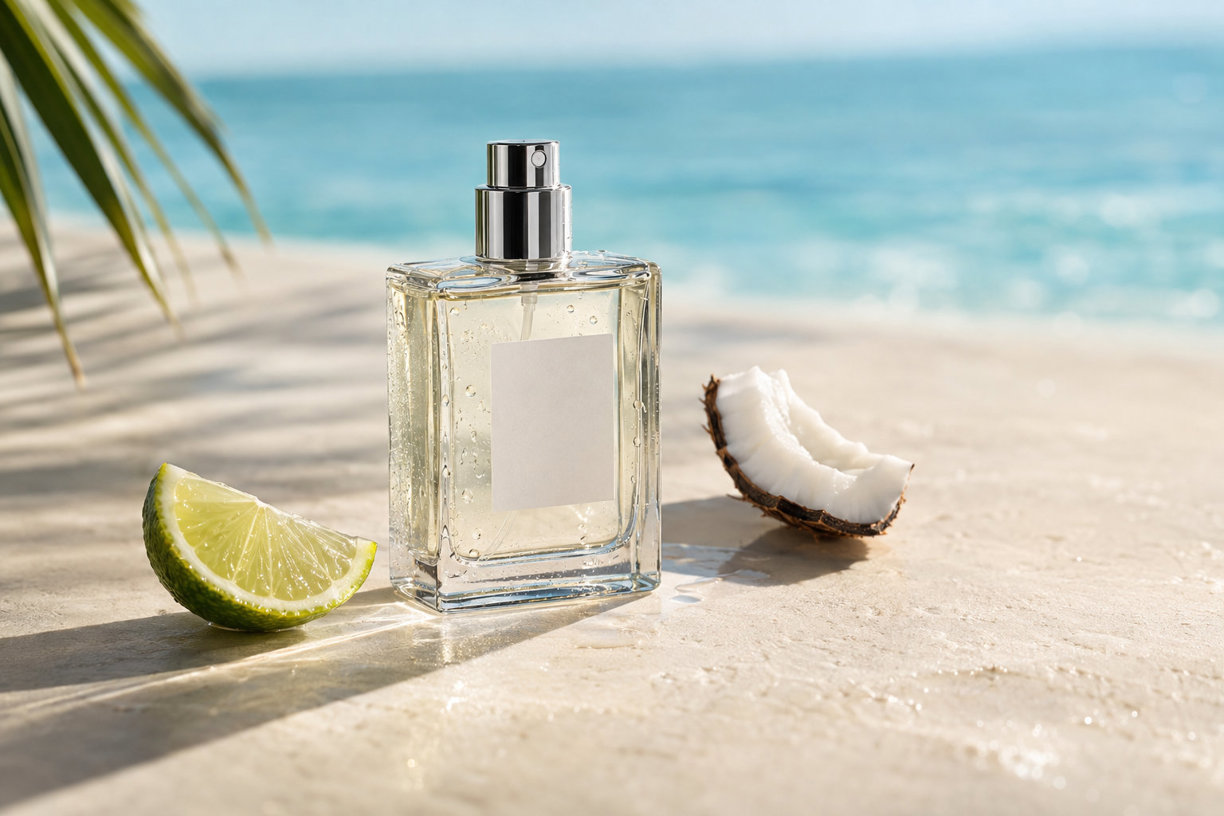 Fragrance bottle beside a slice of lime and coconut on a sunlit surface with ocean in the background.