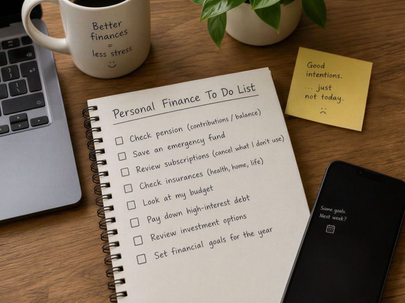 Personal finance to-do list on a notebook beside a laptop, coffee mug, smartphone, and sticky note with motivational message.