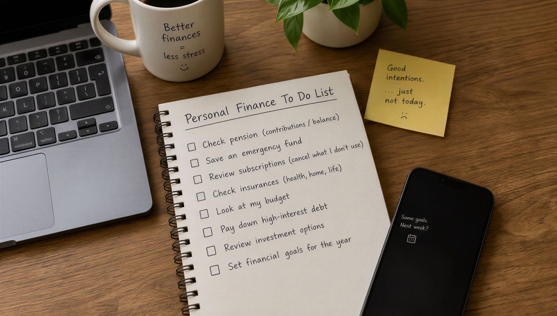 Personal finance to-do list on a notebook beside a laptop, coffee mug, smartphone, and sticky note with motivational message.