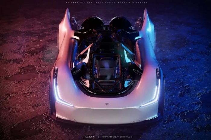 TESLA SpaceX मॉडल रॉकेट थ्रस्टर्स और बूस्टर्स के साथ एक हाइपरकार अवधारणा है