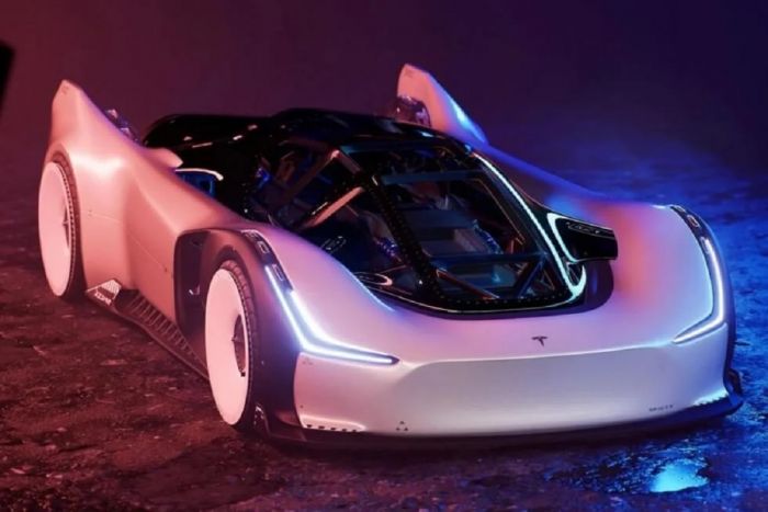 TESLA SpaceX मॉडल रॉकेट थ्रस्टर्स और बूस्टर्स के साथ एक हाइपरकार अवधारणा है