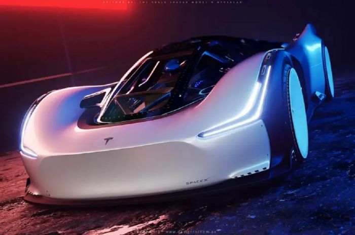 TESLA SpaceX मॉडल रॉकेट थ्रस्टर्स और बूस्टर्स के साथ एक हाइपरकार अवधारणा है