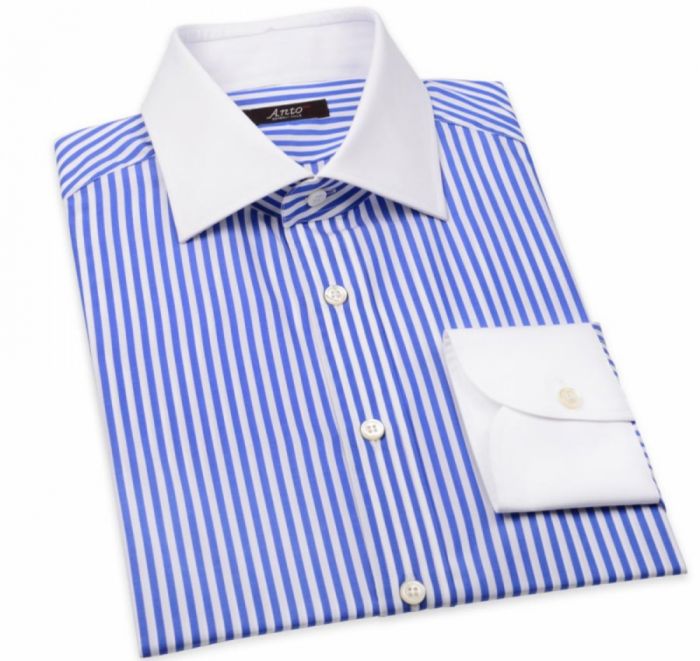 Blue Poplin Bengal Stripe Dress Shirt with White Collar