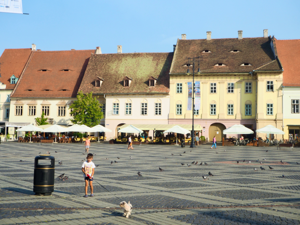 Panoramic view of Sibiu central square in Transylvania, Romania