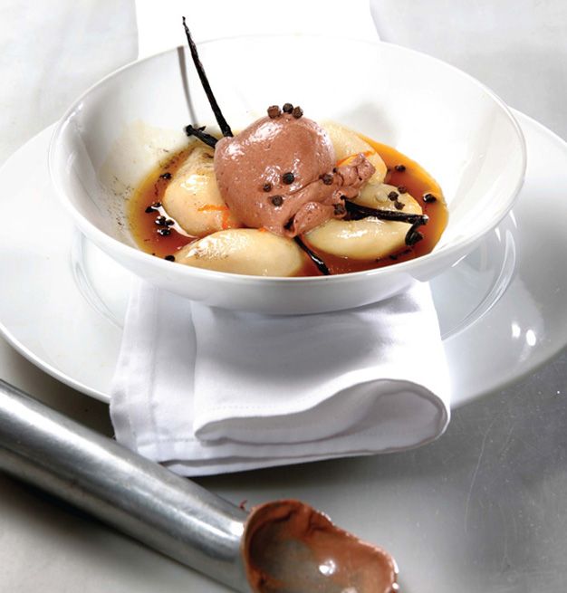 Sweet Recipe for Baked Pears With Chocolate Ice Cream and Olive