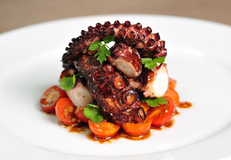 Grilled octopus over squid ink pasta and tomato garlic sauce - Viktoria's  Table