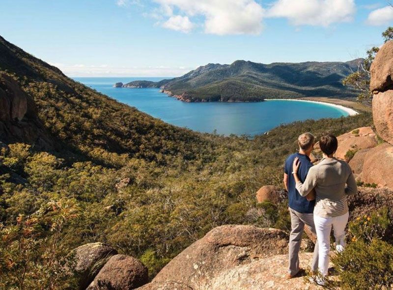 Hiking up for views of stunning Wineglass Bay.