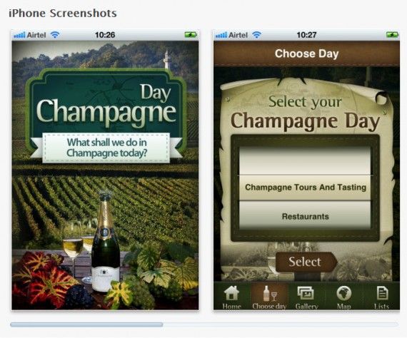 Screenshots of the Champagne Day Mobile App (Apple Store)