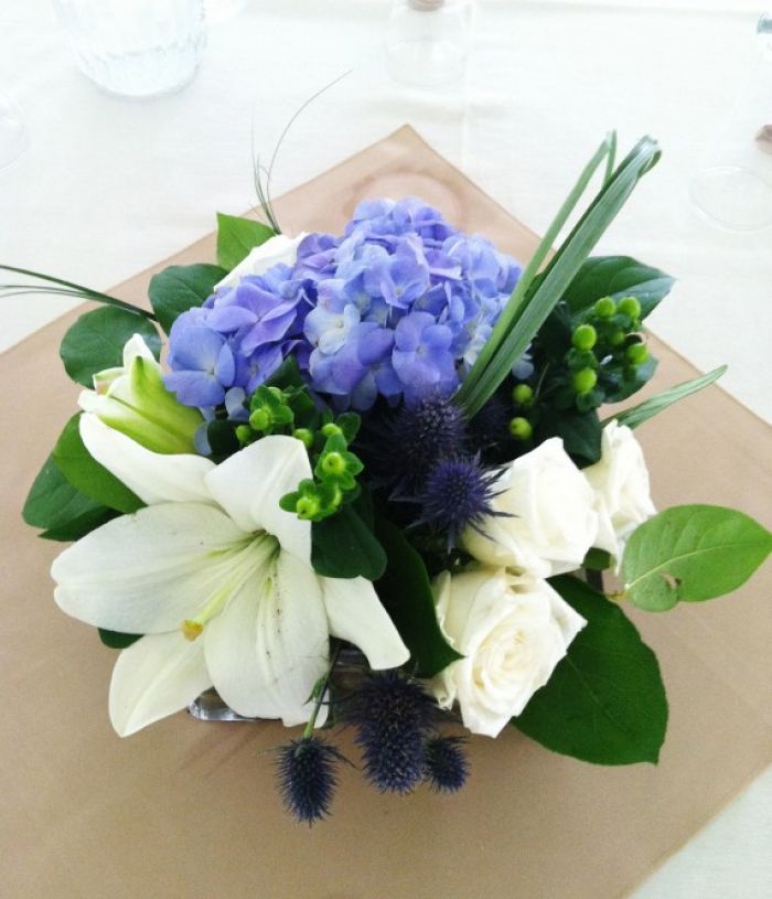 Event arrangement centerpiece - Blue Hydrangea White Lilies