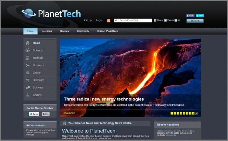 The PlanetTech News Website Homepage