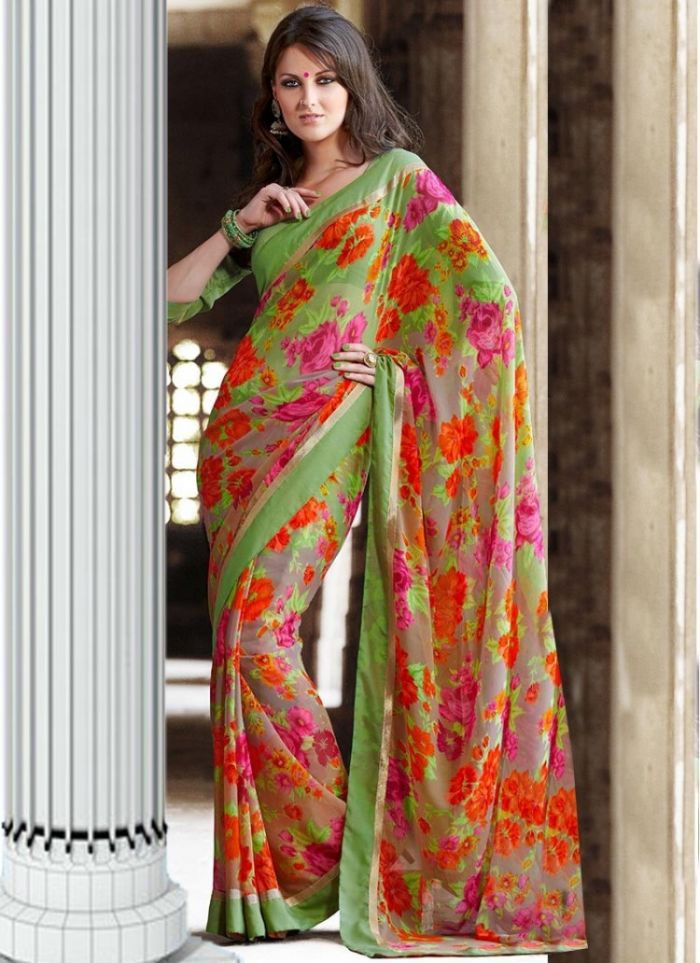 Green Printed Faux Georgette Saree